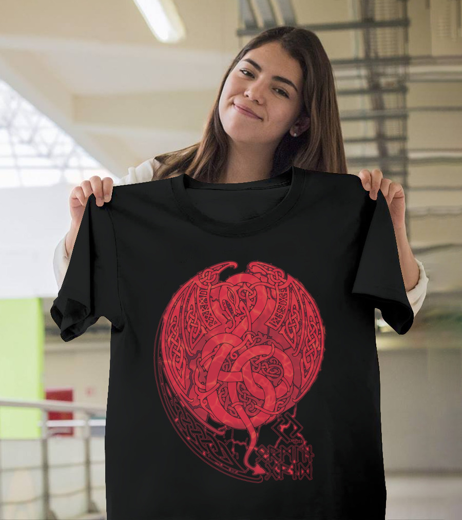 YORMUNGANDR RED Viking Norse Mythology Knotwork T-Shirt