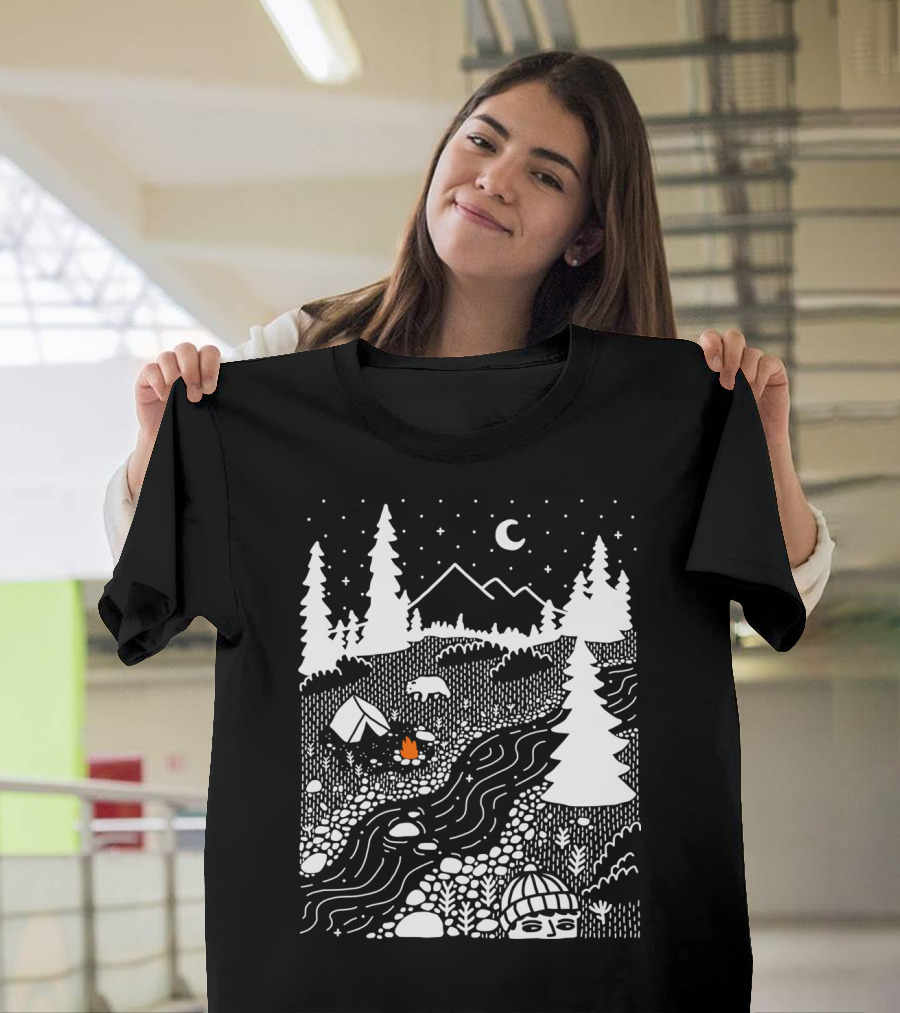 Unwelcome Guest Camping Outdoor Scene with River and Forest under Night Sky T-Shirt