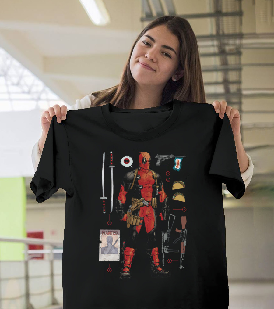 Deadpool Wanted Poster Weapons Tacos Katanas Guns Mercenary Essentials T-Shirt