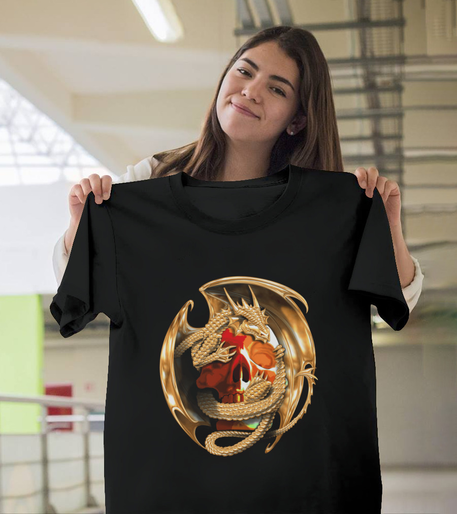 Golden Dragon Wrapped Around Fiery Skull Iconic T-Shirt