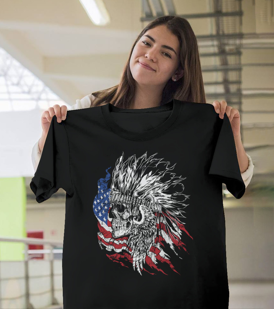 Indian Hunter American Flag Skull with Native Headdress T-Shirt