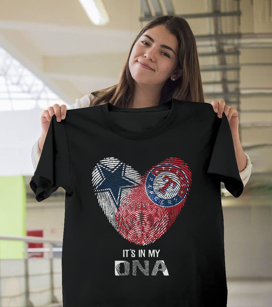 Cowboys Rangers It's In My DNA Fingerprint Heart With Star And Baseball T-Shirt