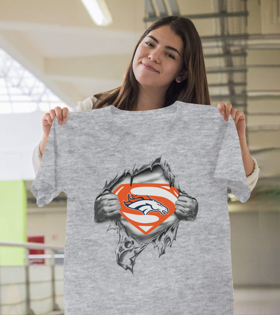 Broncos Super Man Logo Gray Torn Effect T-Shirt