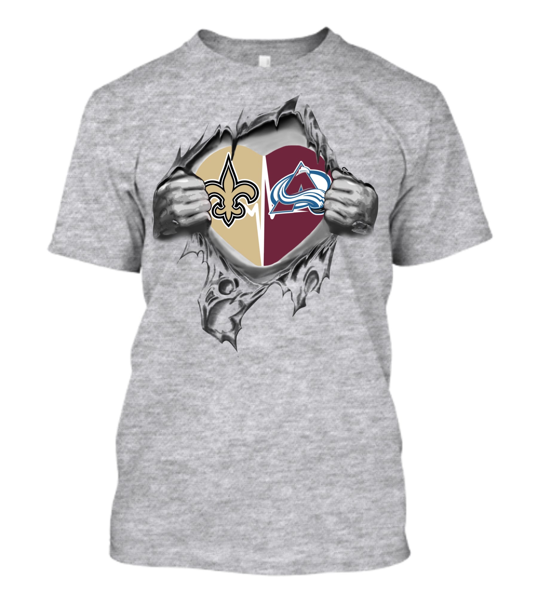 Saints Avalanche Heart Icon With Team Logos In Torn Metal Style T-Shirt