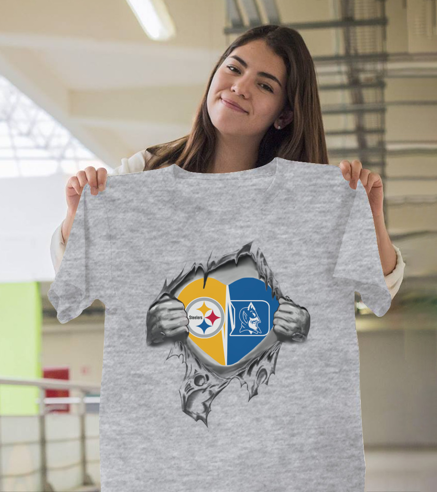 Steelers Duke Heart Tear Steelers Logo Duke Blue Devils T-Shirt
