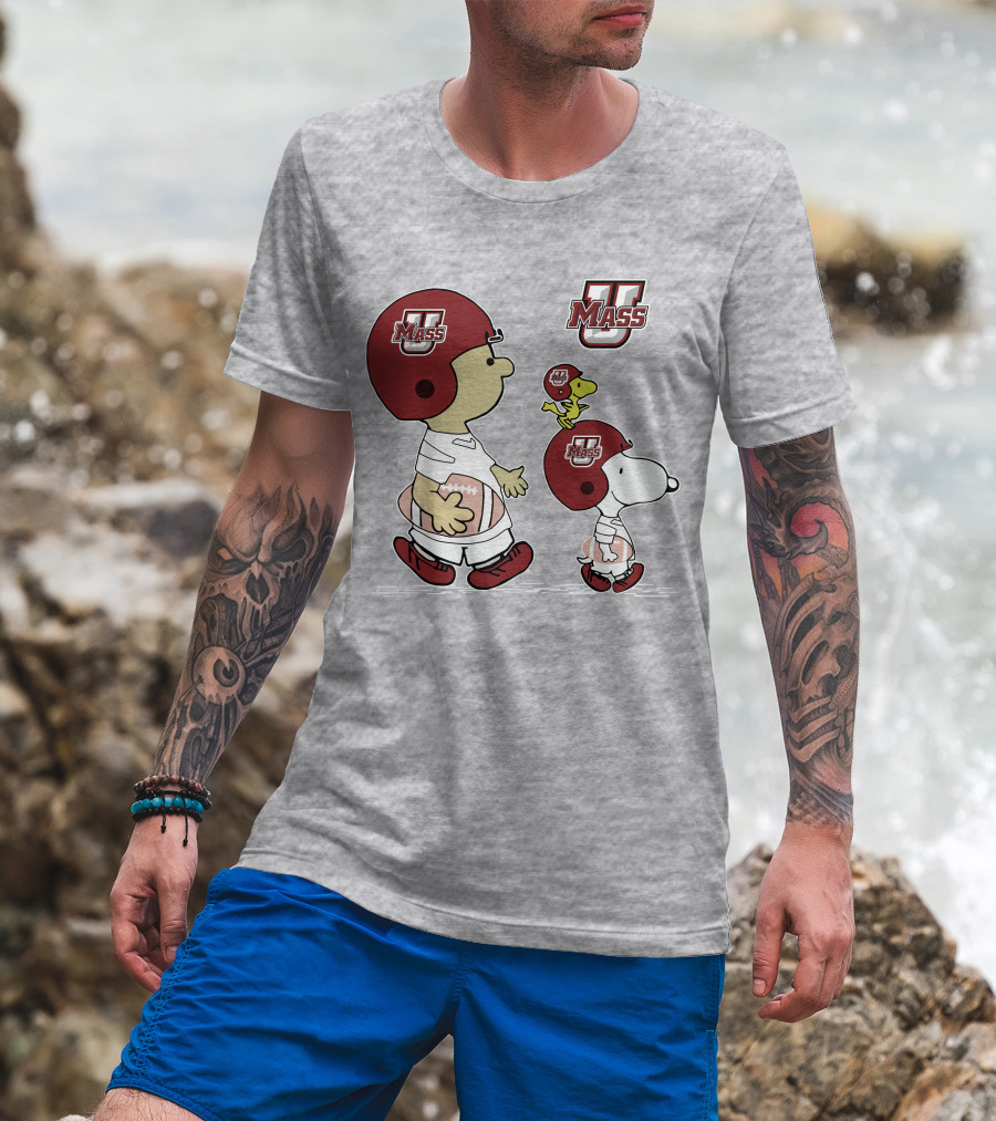 U Mass School Spirit Snoopy Football Helmet Charlie Woodstock T-Shirt