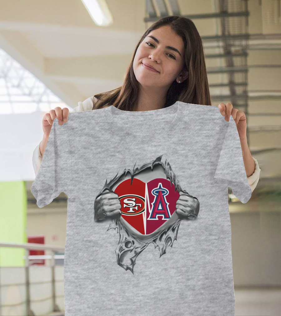 SF 49Ers Los Angeles Angels Heart Logos Torn Gray Background T-Shirt