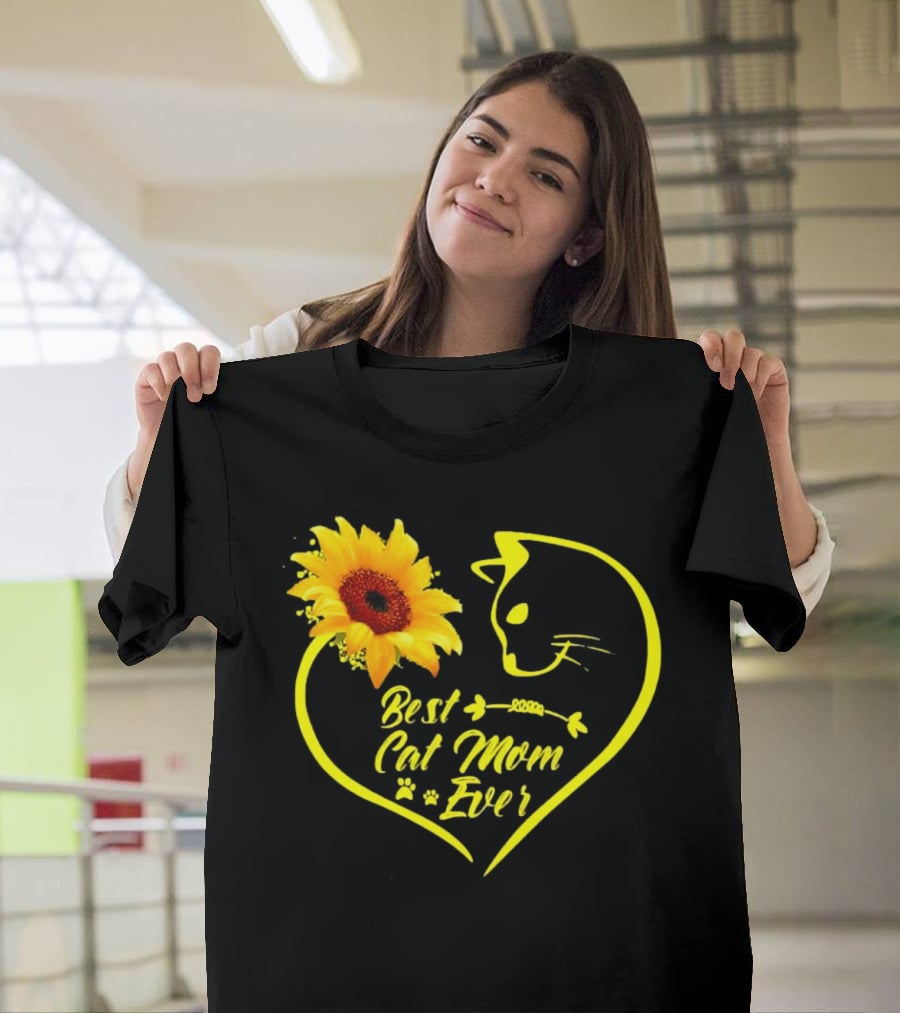 Best Cat Mom Ever Sunflower Heart Love Cat Face T-Shirt