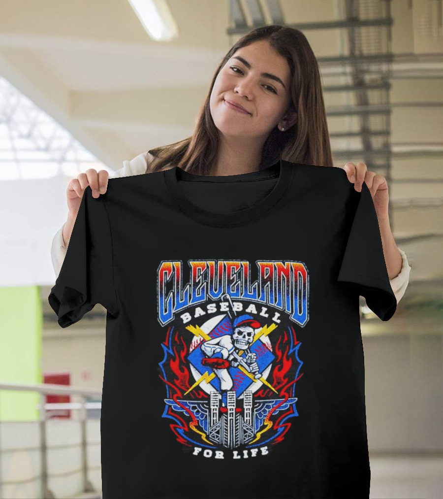 Cleveland Baseball for Life Skeleton Bat Tower Flames T-Shirt