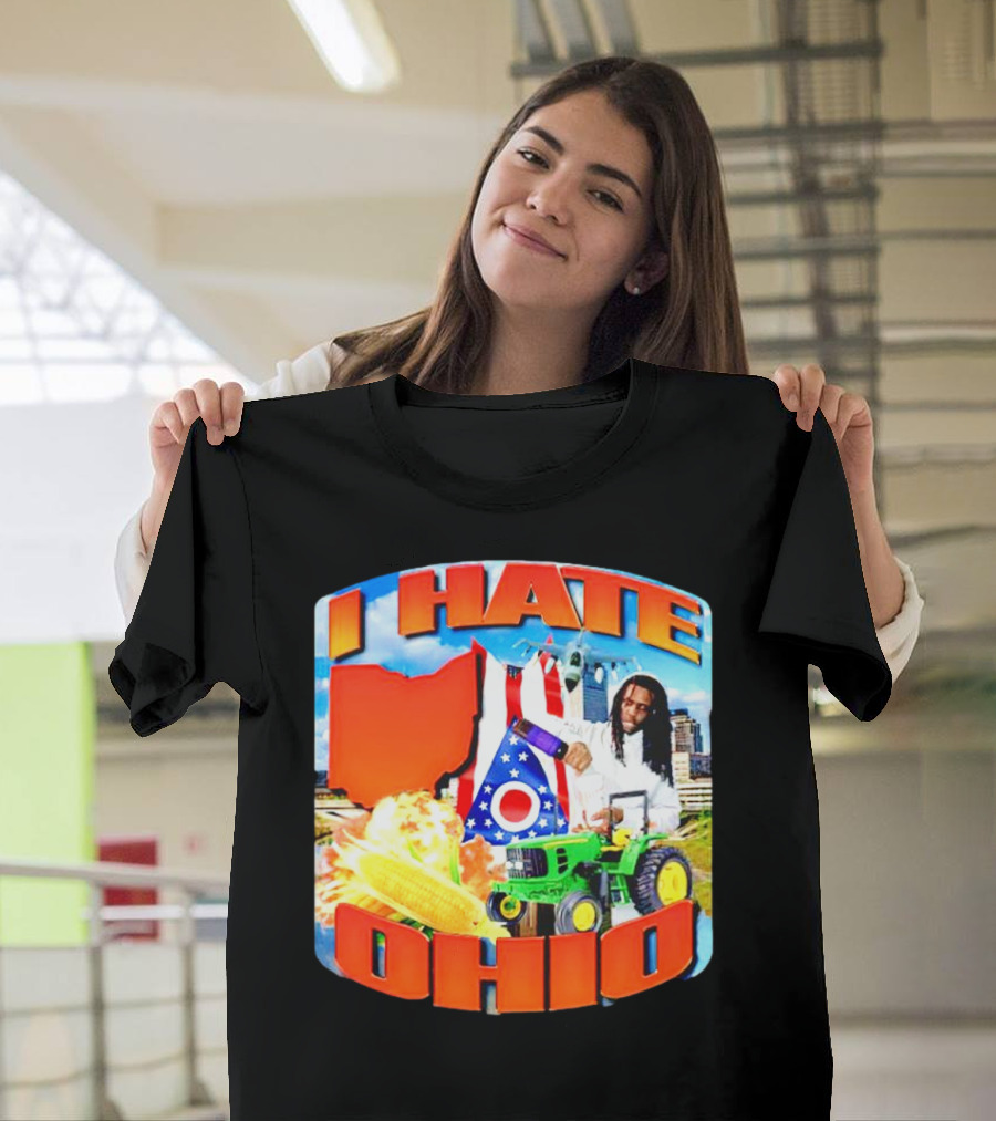 I Hate Ohio Tractor Explosion Corn Ohio Flag Skyline T-Shirt