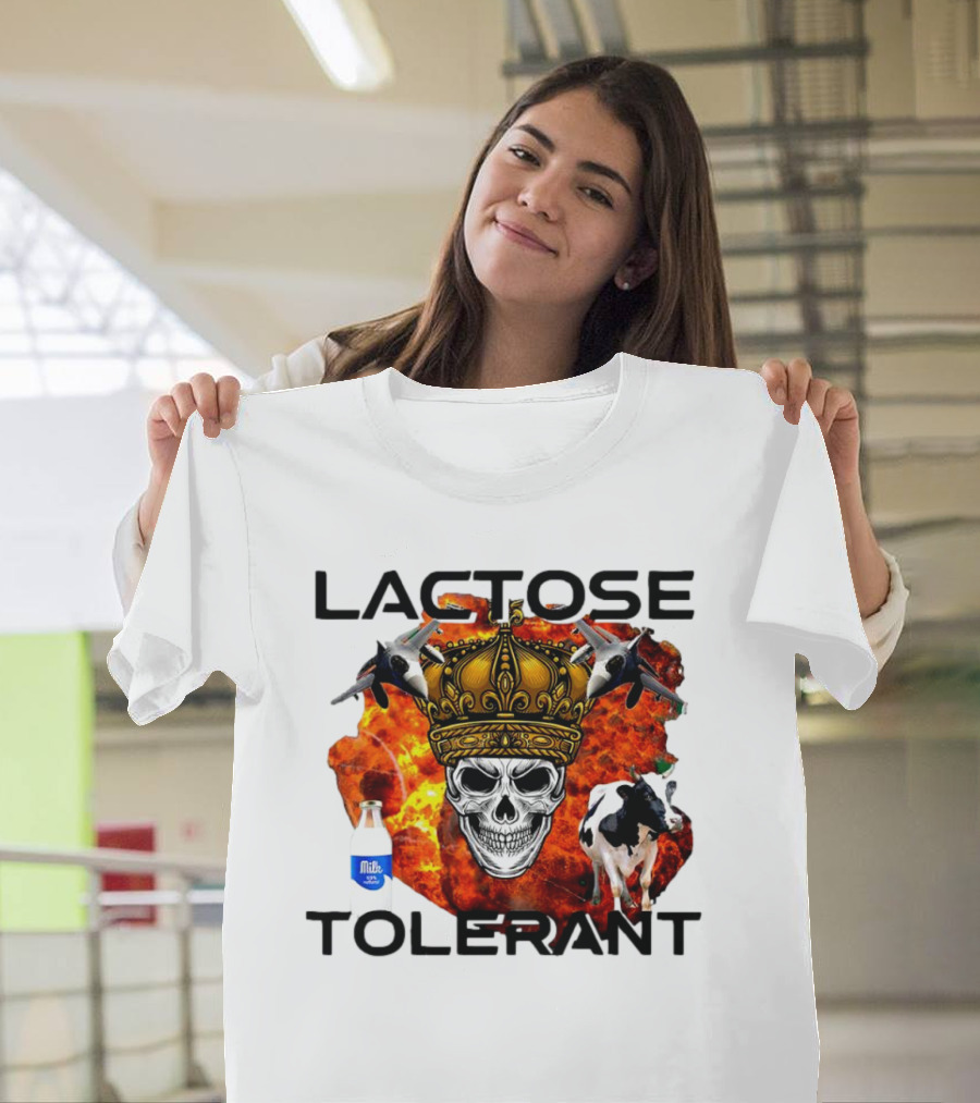 Lactose Tolerant Skull Crown Cow Milk Aircraft Explosion T-Shirt