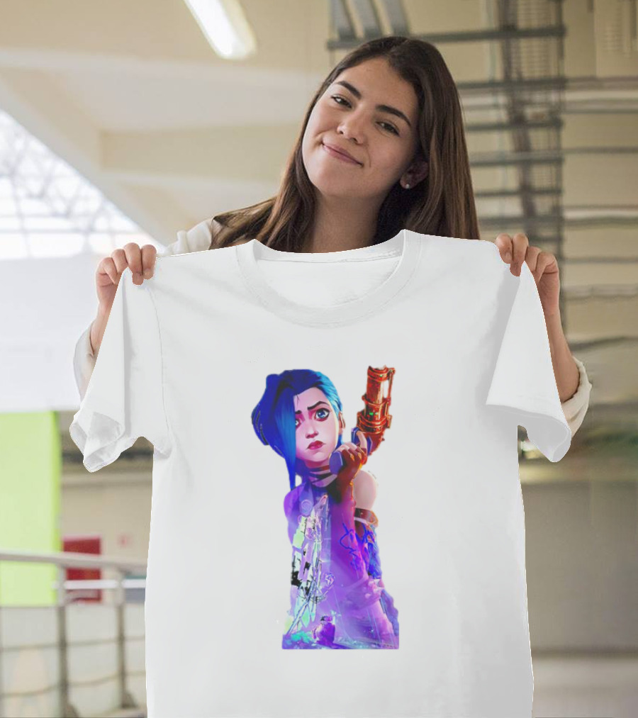 Arcane Jinx League of Legends Character with Blue Hair and Toy Gun T-Shirt