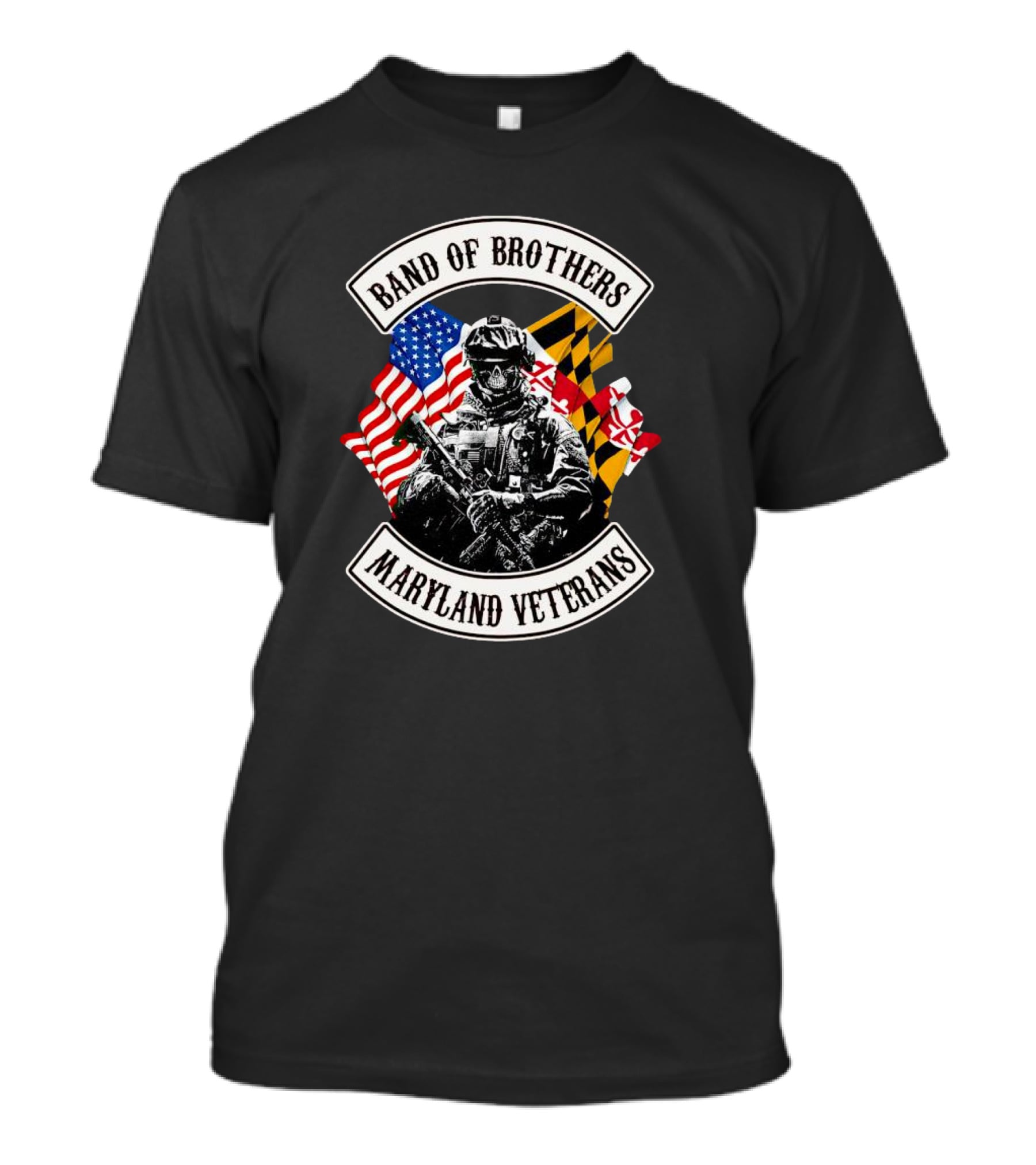 Band Of Brothers Maryland Veterans Soldier With American And Maryland Flags T-Shirt