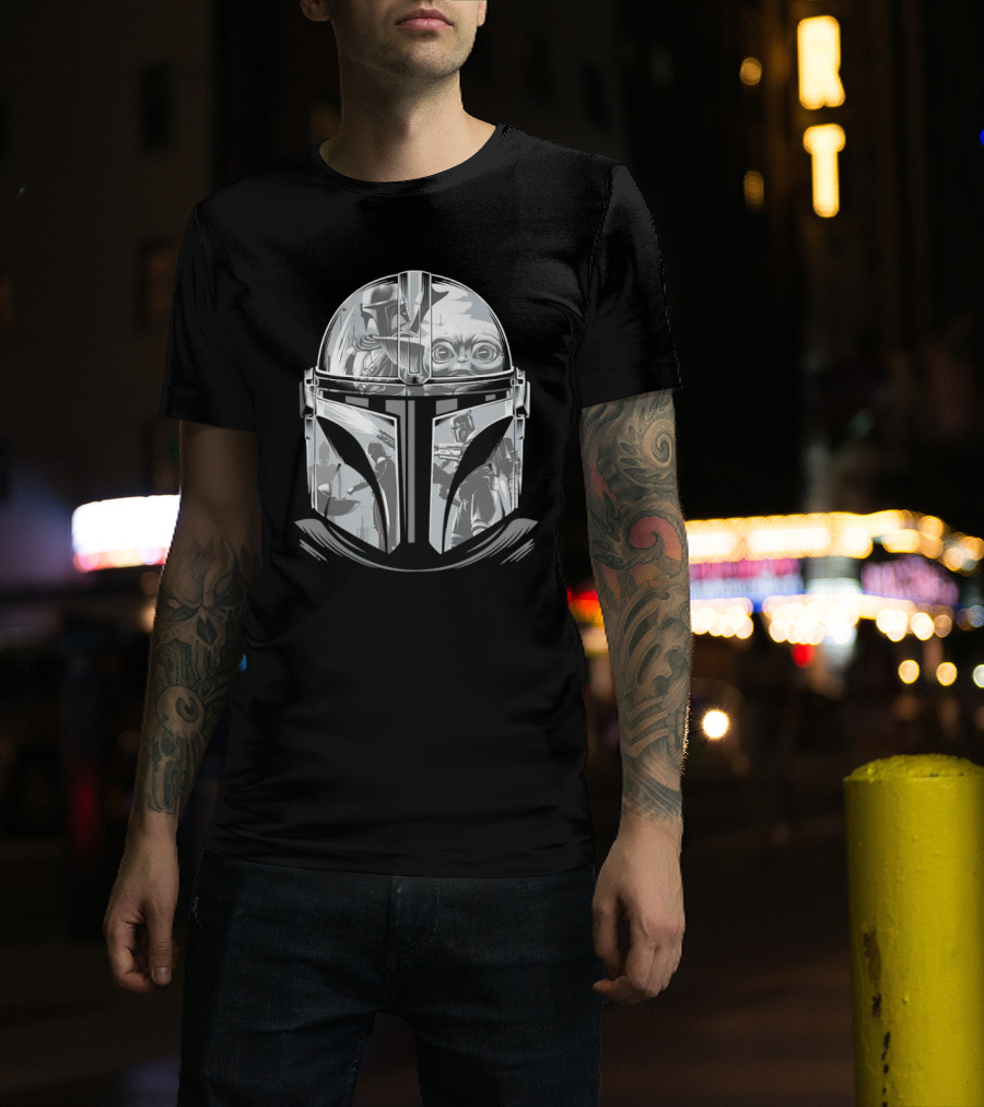 Mandalorian Helmet Artwork With Grogu And Bounty Hunter Scenes T-Shirt