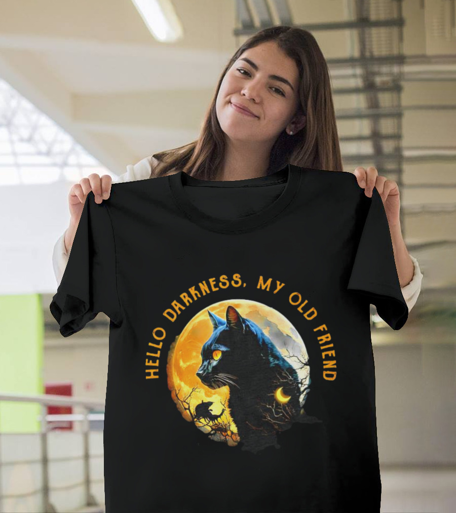 Black Cat Hello Darkness My Old Friend Moon Scene T-Shirt