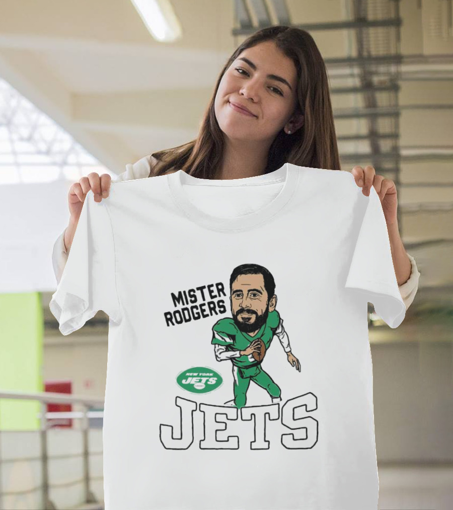 Mister Rodgers New York Jets Aaron Rodgers Caricature T-Shirt