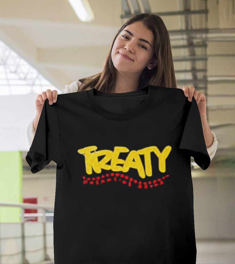 Treaty Dreamtime Aroha Yellow Text With Red Dots T-Shirt