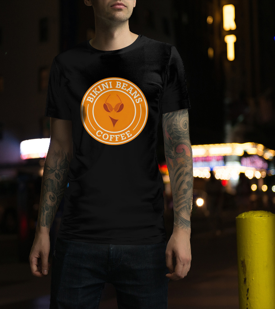 Bikini Beans Coffee Circular Logo With Sunglasses And Orange Background T-Shirt