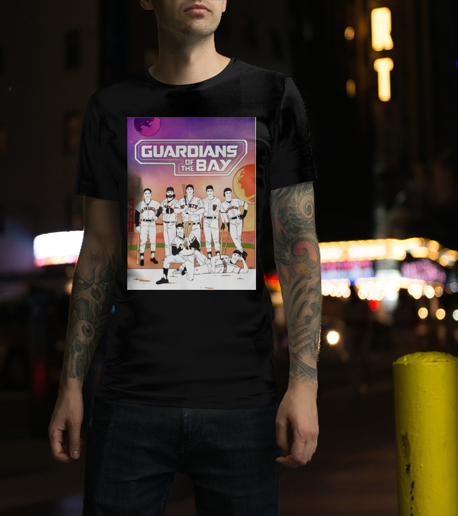 Guardians Of The Bay San Francisco Giants Baseball Players With Golden Gate Bridge And Sunset Background T-Shirt
