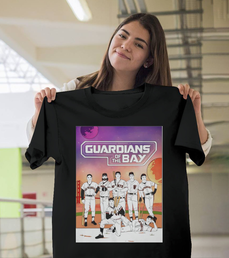 Guardians Of The Bay San Francisco Giants Baseball Players With Golden Gate Bridge And Sunset Background T-Shirt