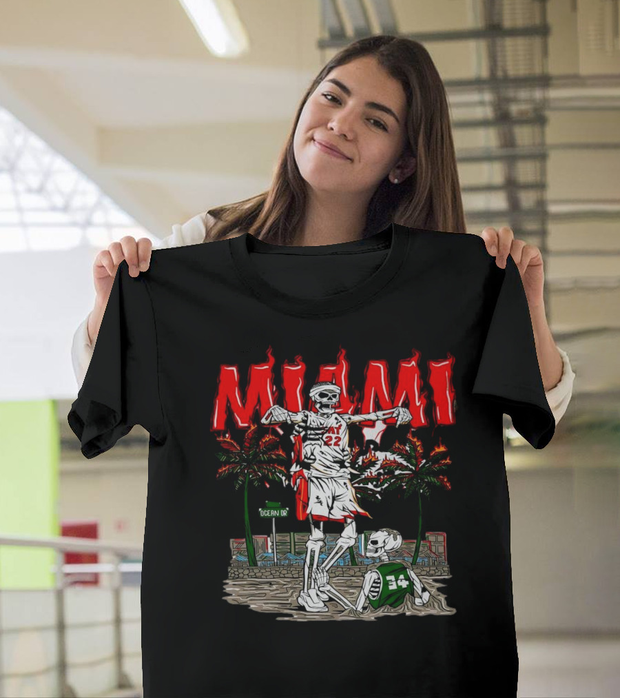 Miami Heat Skeleton Celebrating Over Boston Celtics On Ocean Drive T-Shirt