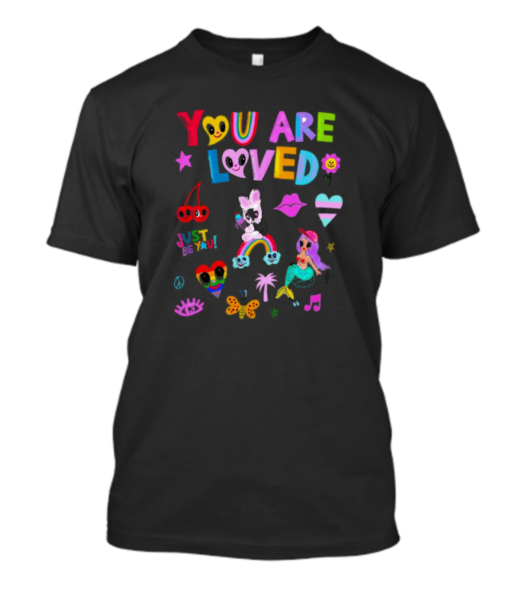 YOU ARE LOVED JUST BE YOU Rainbow Heart Mermaid Butterfly Palm Tree Peace T-Shirt