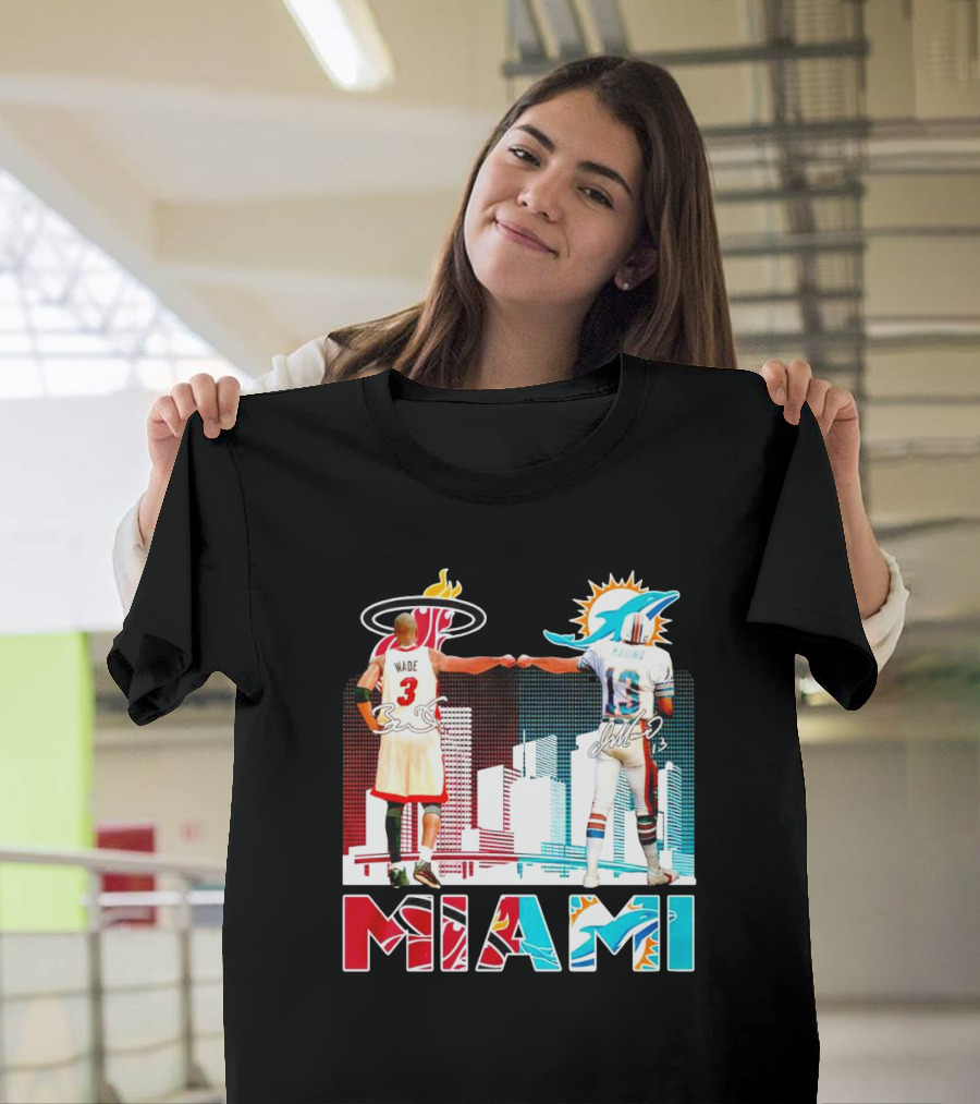 Miami Heat Dwyane Wade And Miami Dolphins Dan Marino Iconic Fist Bump Signatures T-Shirt