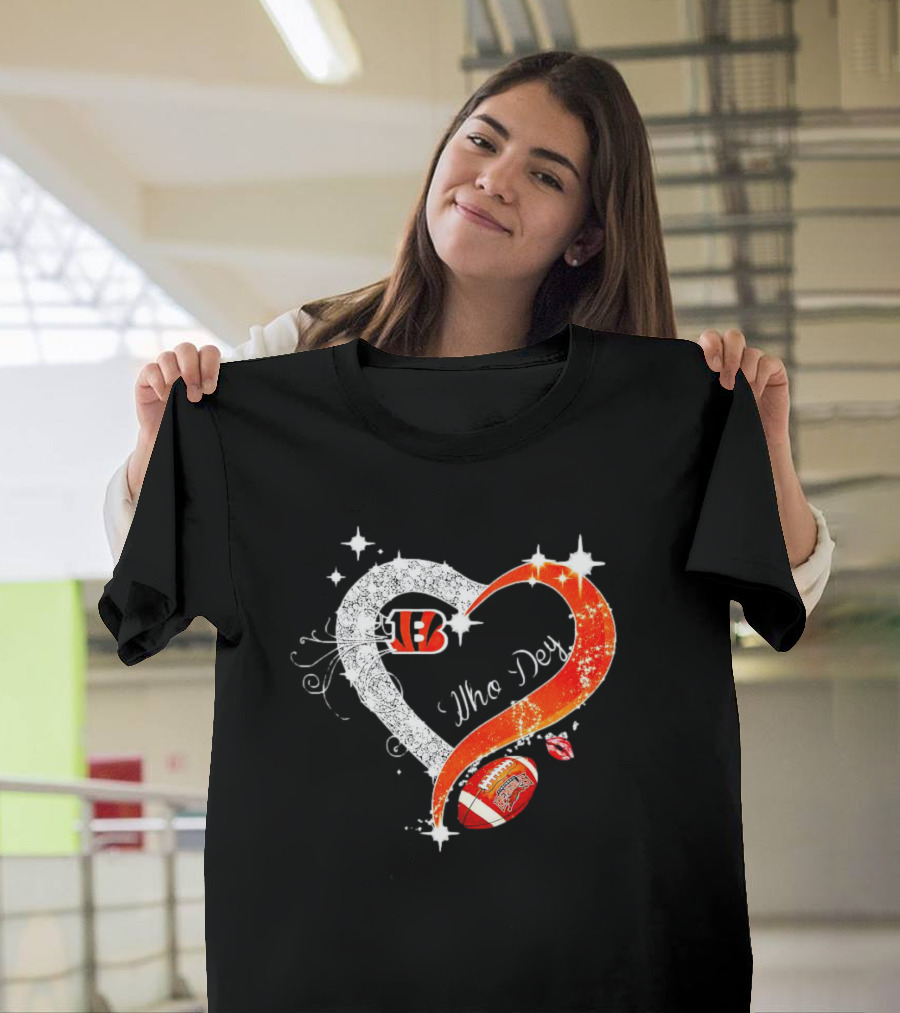 Cincinnati Bengals Who Dey Diamond Heart Football Icon with Logo and Lips T-Shirt