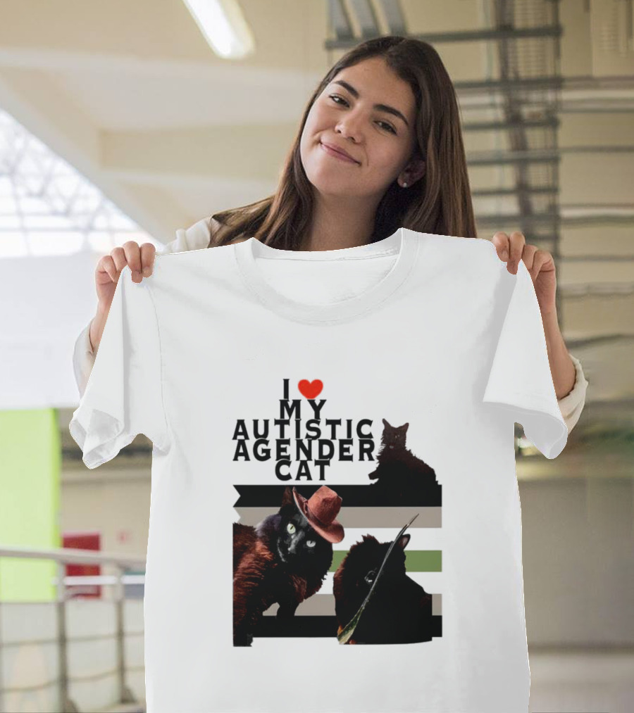 I Love My Autistic Agender Cat with Black Cats on Agender Pride Stripes T-Shirt
