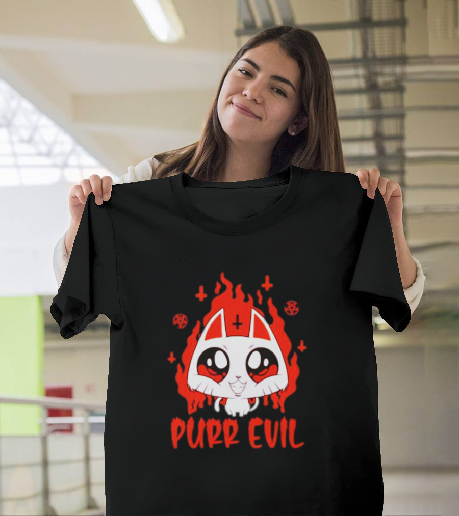 Purr Evil Satan Cat Halloween Flame Pentagram Kawaii T-Shirt