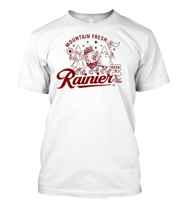 Rainier Mountain Fresh Beer Characters With Flower And Flag T-Shirt