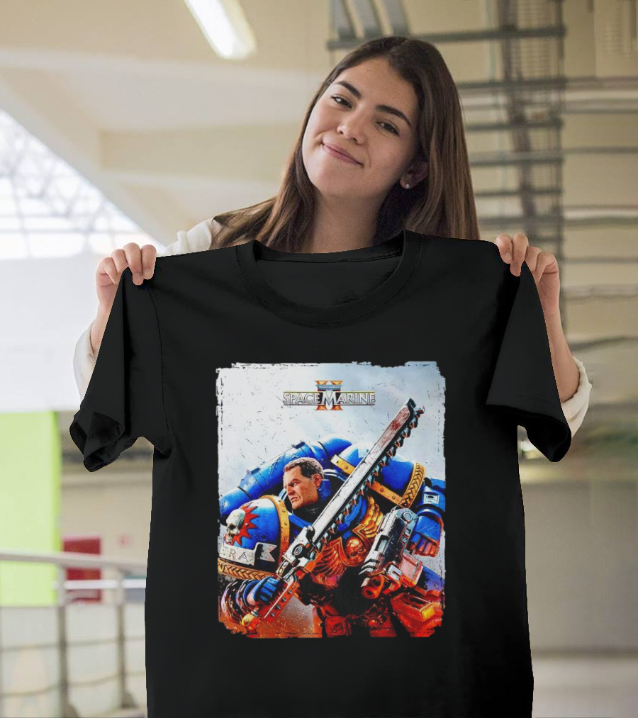 Warhammer 40000 Space Marine 2 Titus Game Art Ultramarine Warrior Battle Scene T-Shirt