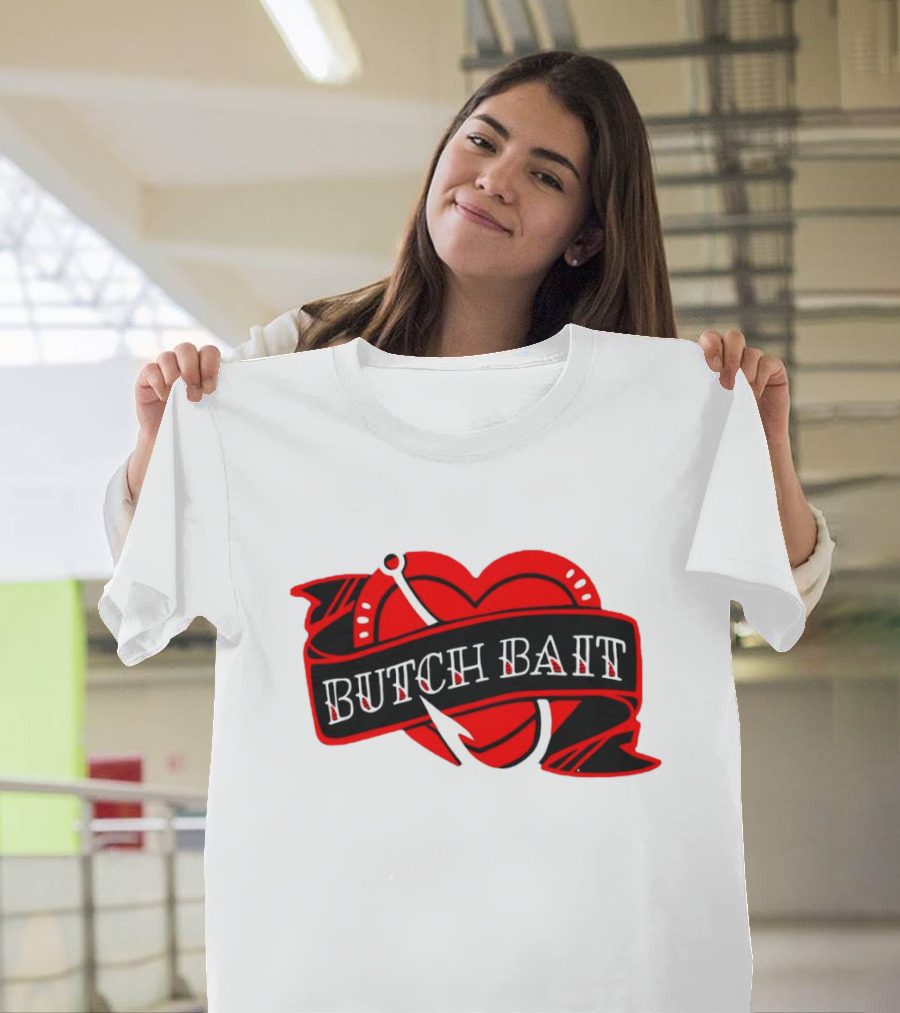 Butch Bait Heart with Fishing Hook Banner T-Shirt