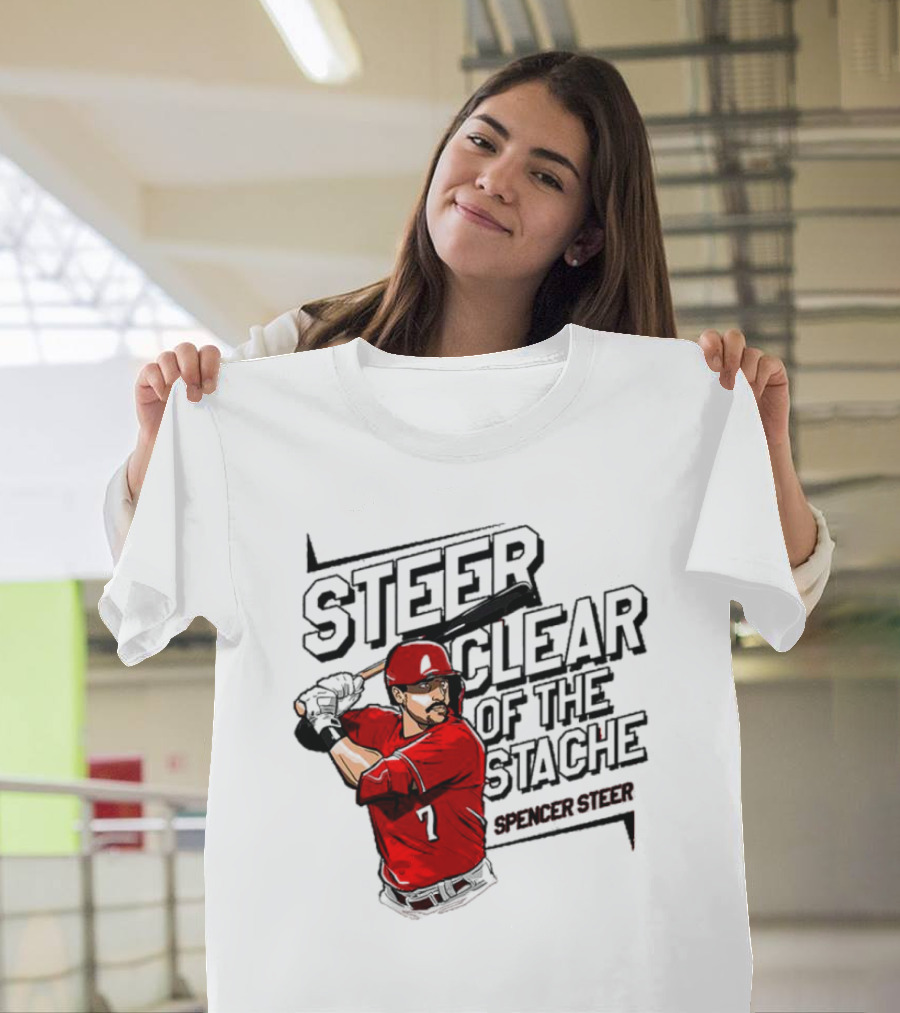 Spencer Steer Clear Of The Stache Baseball Player Illustration with Red Jersey and Bat T-Shirt