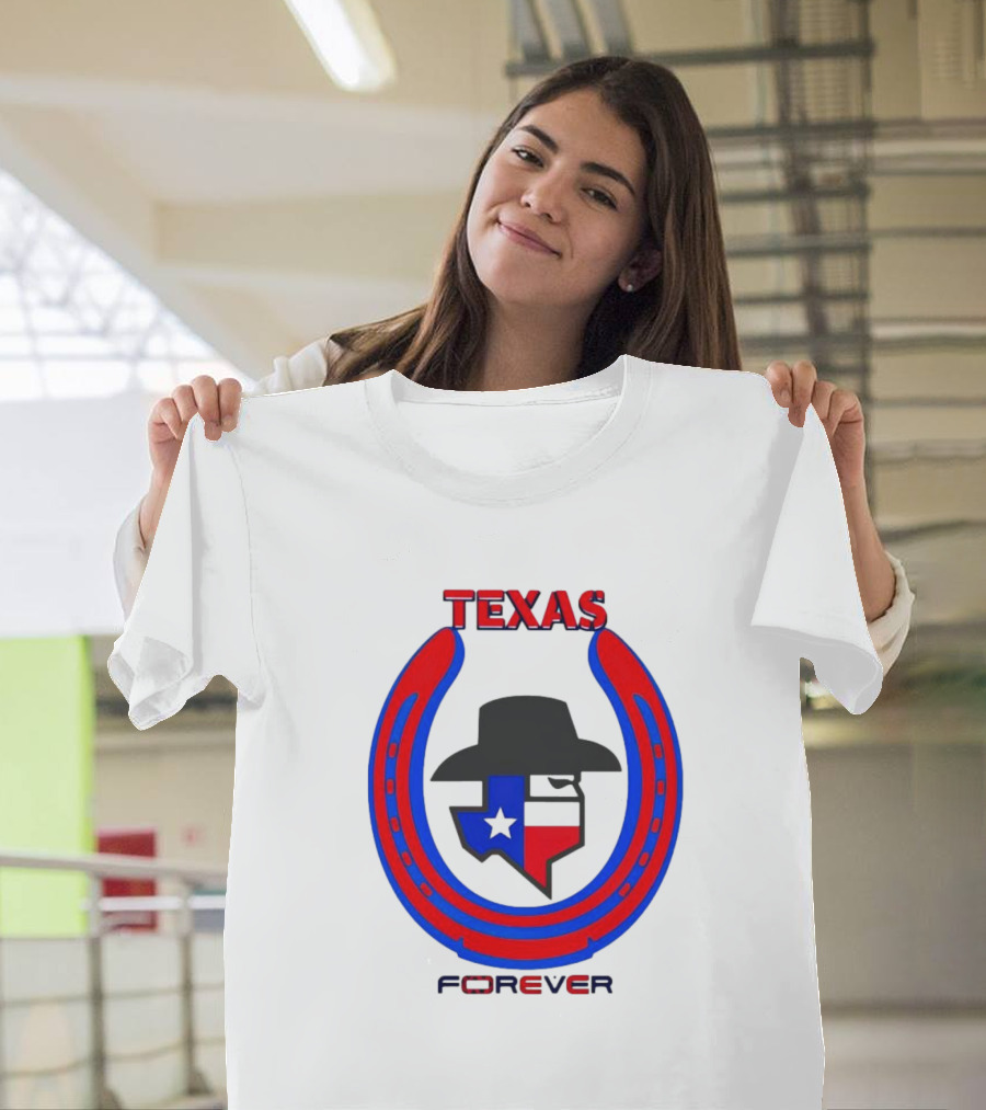 Texas Forever Lone Star Horseshoe Red Blue Cowboy Hat T-Shirt