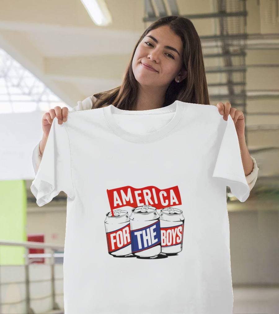 America For The Boys Beer Cans Red And Blue Text T-Shirt