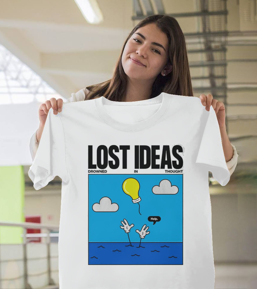 Lost Ideas Drowned in Thought Help Lightbulb Above Water Hands Clouds T-Shirt