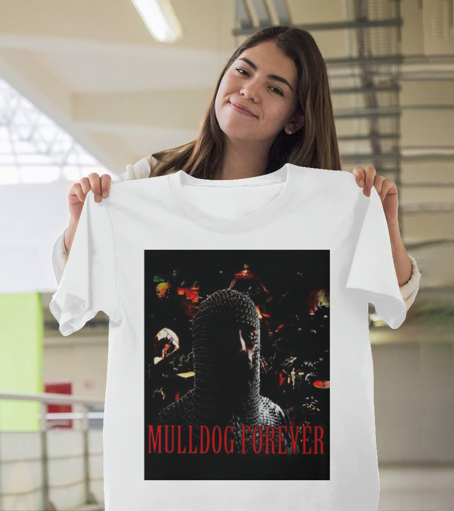 MULLDOG FOREVER Medieval Knight in Chainmail Armor Amidst Battle Scene T-Shirt