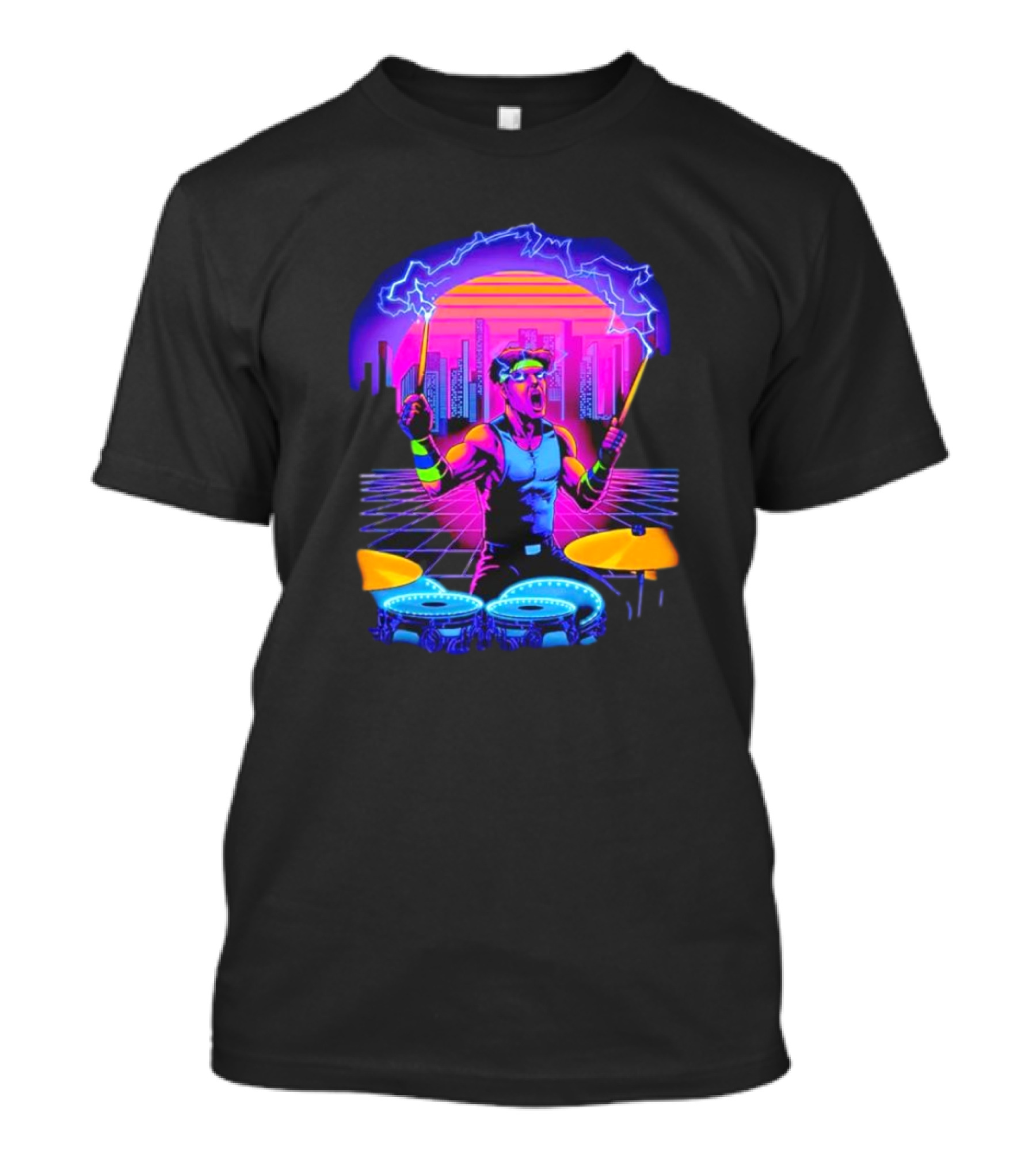Drumatron Neon City Electric Drummer In Retro Futuristic Skyline T-Shirt
