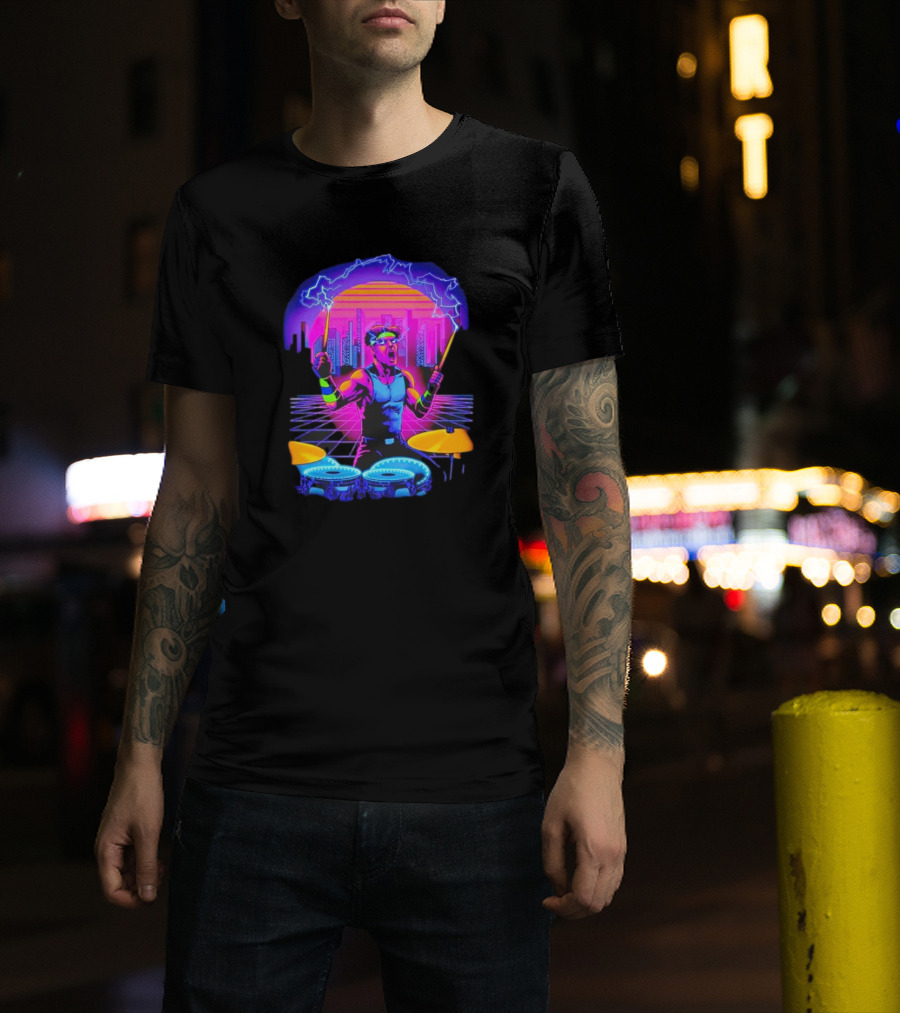 Drumatron Neon City Electric Drummer In Retro Futuristic Skyline T-Shirt