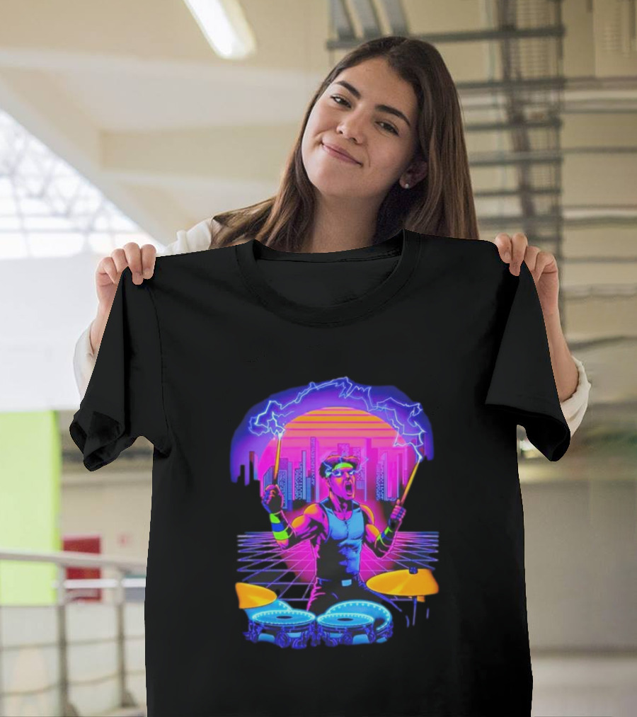 Drumatron Neon City Electric Drummer In Retro Futuristic Skyline T-Shirt