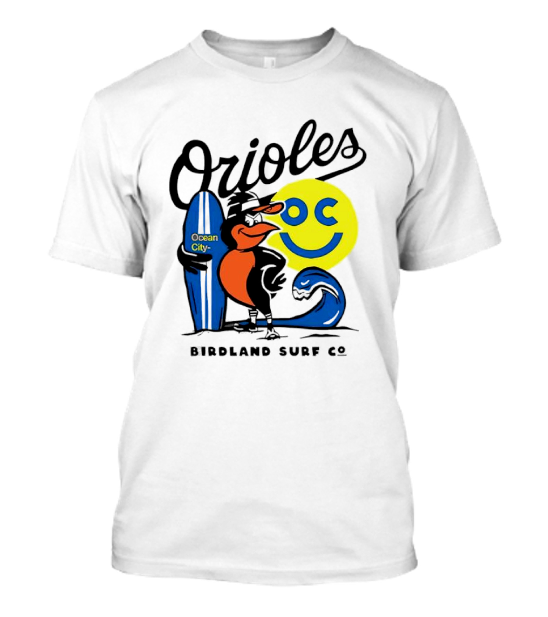Orioles Ocean City Birdland Surf Co Smiley Surfboard Wave T-Shirt