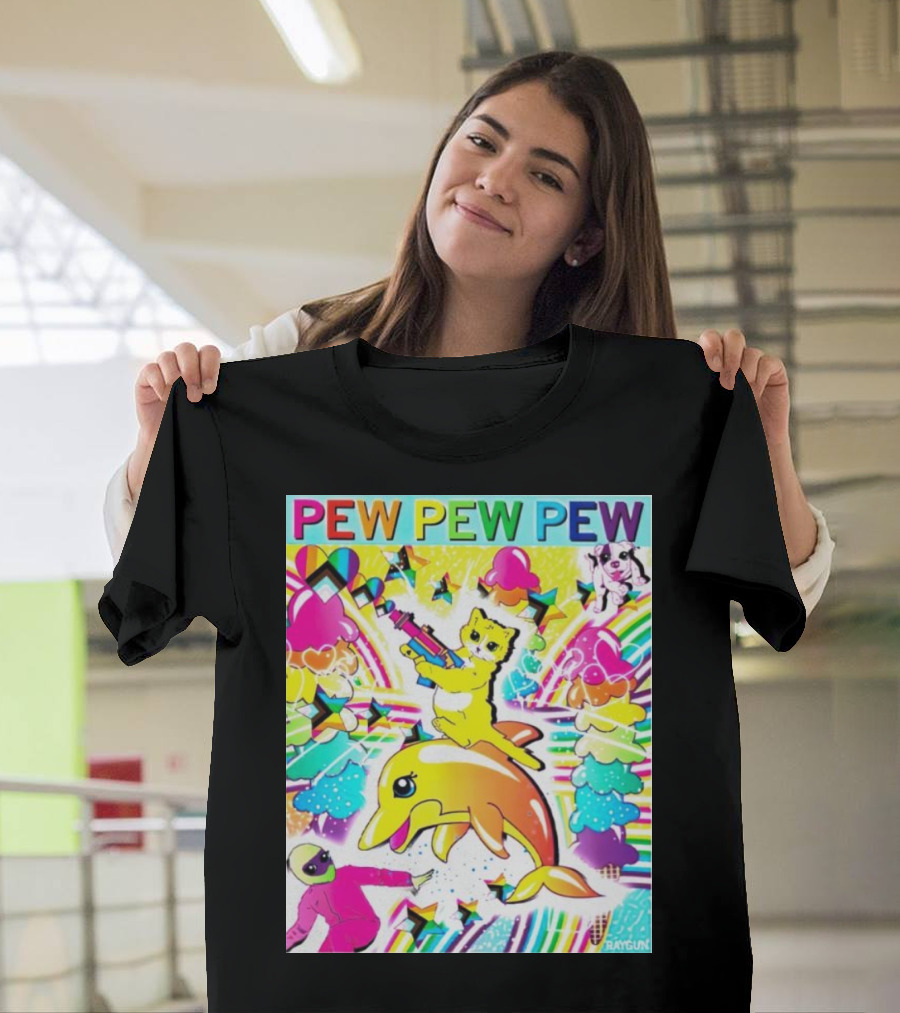 Pew Pew Pew Rainbow Cat Riding Dolphin with Stars and Hearts T-Shirt