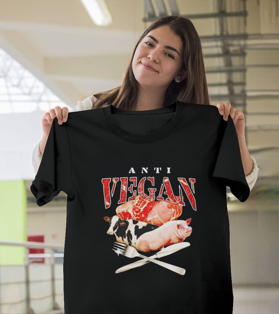 ANTI VEGAN Meat Cow Pig Fork Knife T-Shirt