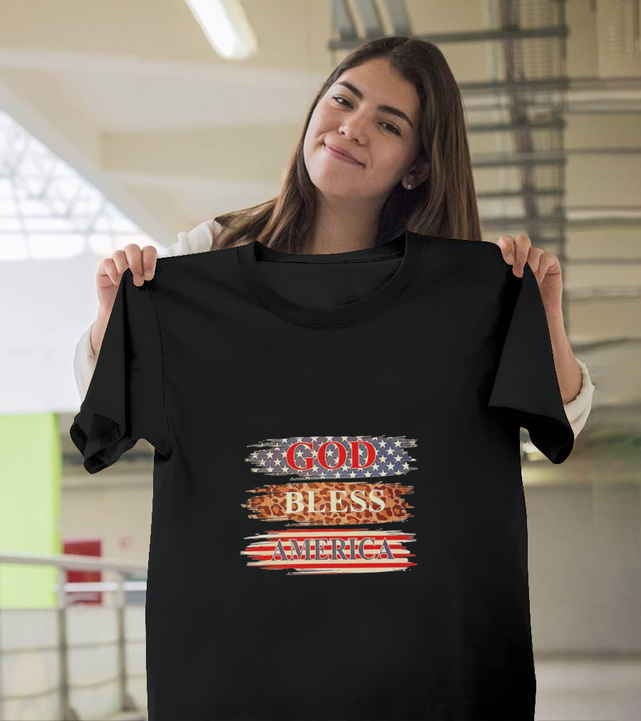 God Bless America Stars Stripes Leopard Print T-Shirt