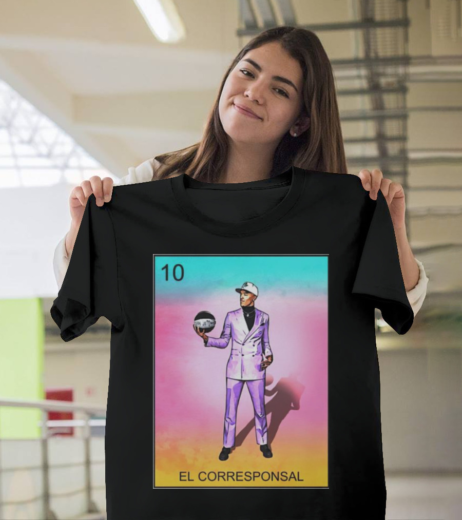 10 El Corresponsal Lotería Card Style in Lavender Suit Holding Basketball T-Shirt