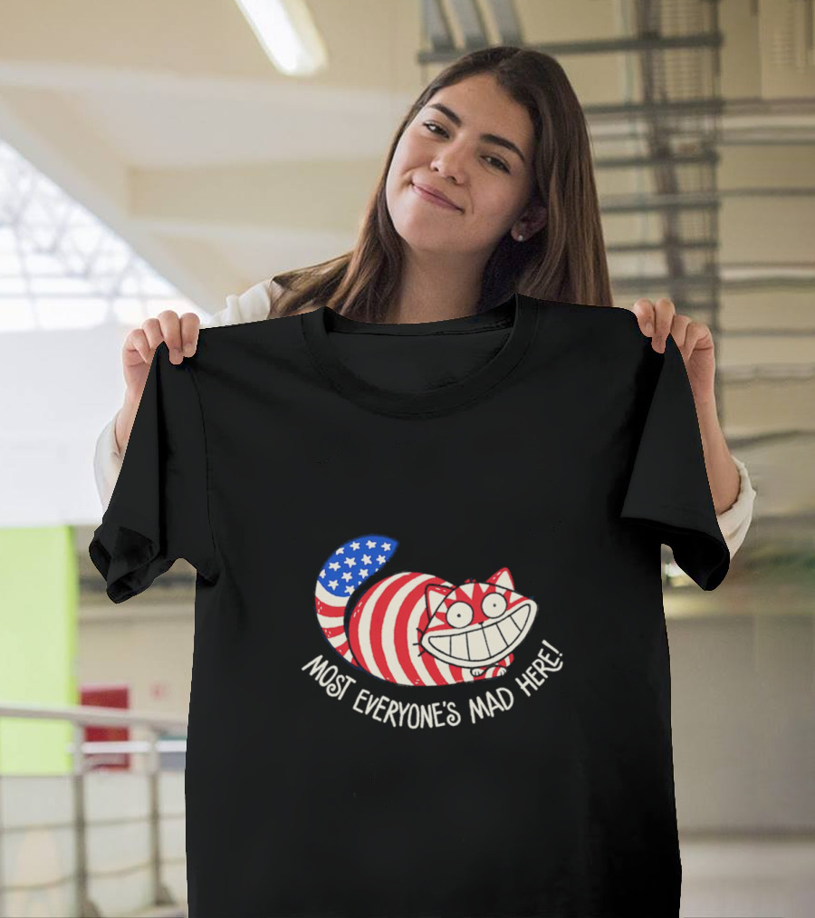 Muricat Most Everyone's Mad Here Cheshire Cat American Flag Stripes T-Shirt