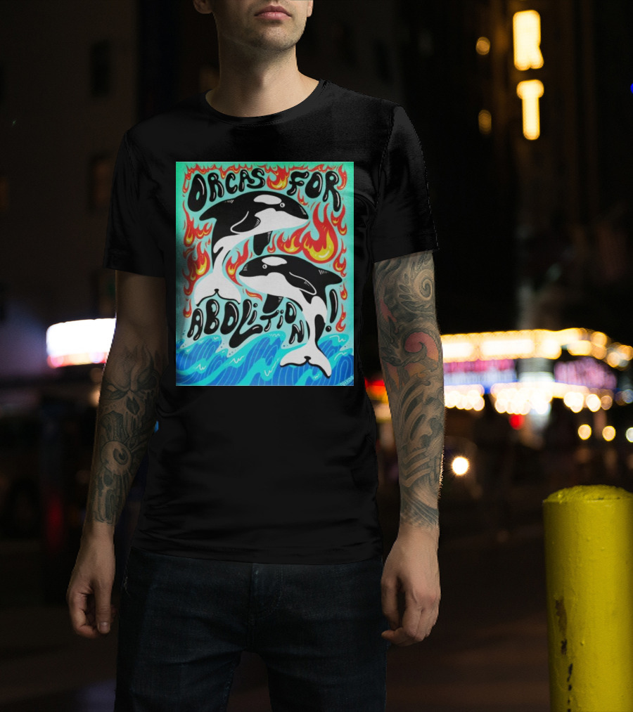Orcas For Abolition Ocean Waves And Flames T-Shirt