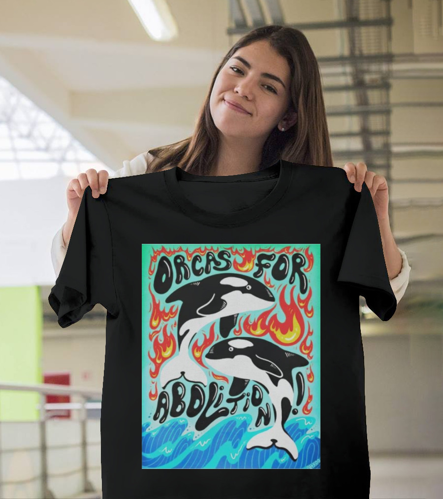 Orcas For Abolition Ocean Waves And Flames T-Shirt