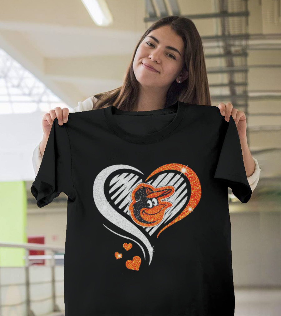 Baltimore Orioles Heart Shaped Logo with Orange Glitter Diamond T-Shirt